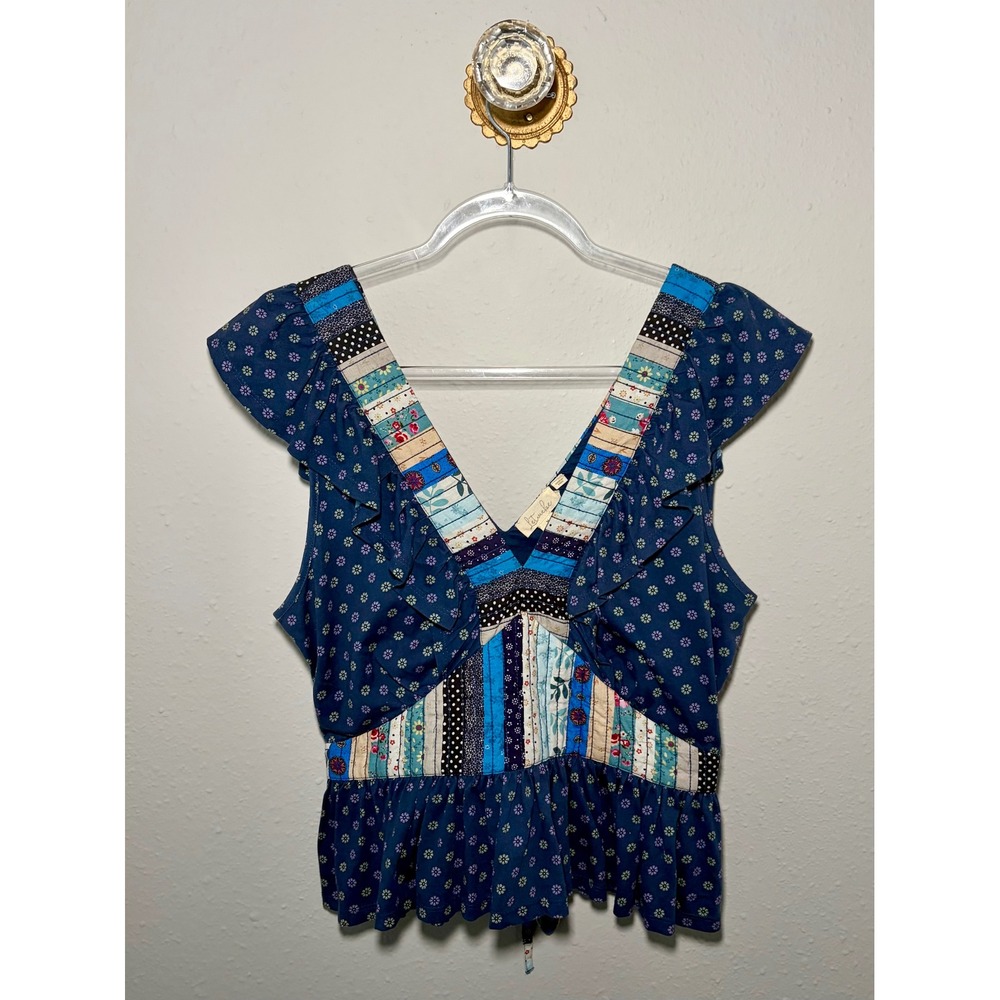 Anthropologie Let Me Be Blue Patchwork Ruffle Peplum V-Neck Tie Back Top Medium